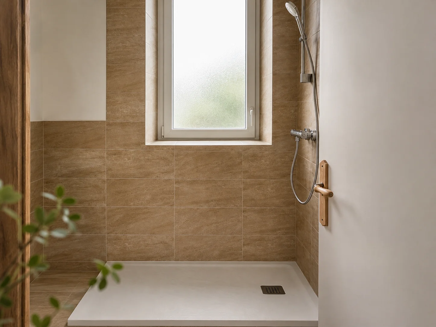 Douche carrelée beige