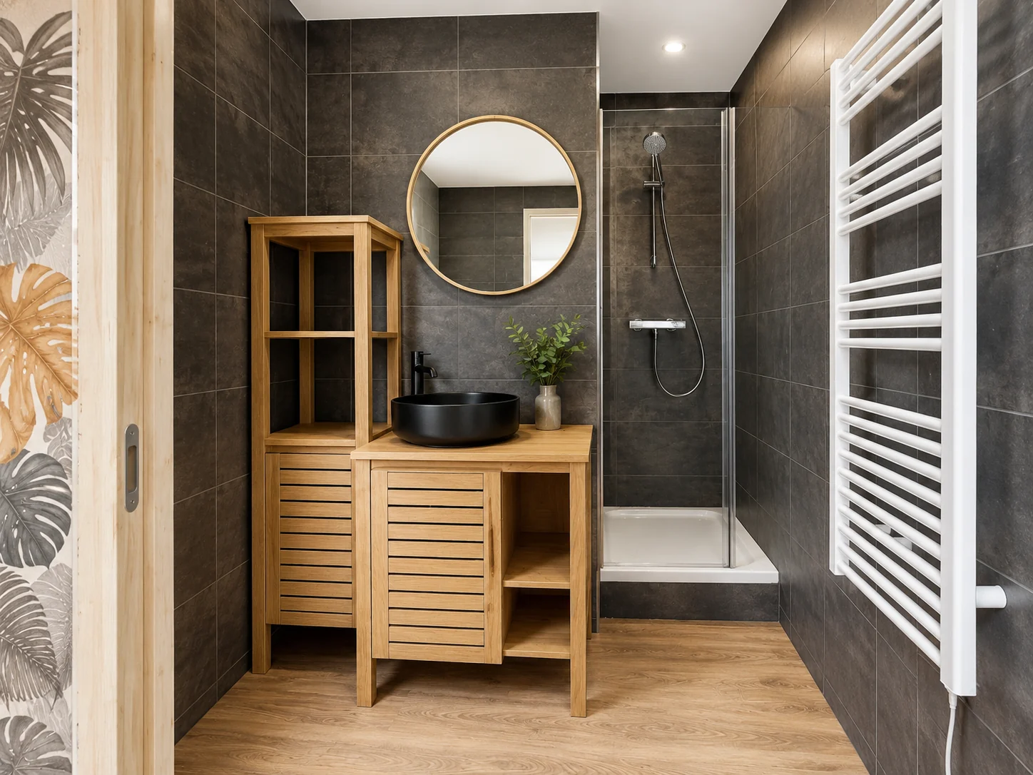 Salle de bain noir et bois avec douche et sèche-serviettes – Kerlan Plomberie
